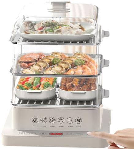 800W Food Steamer With 3 Tier 40L Capacity, Touch Screen Display, 12-Hr Appointment & 6 Cooking Modes - Anti-Dry Burn Home Electric Steamer For Vegetables, Meats, Fish