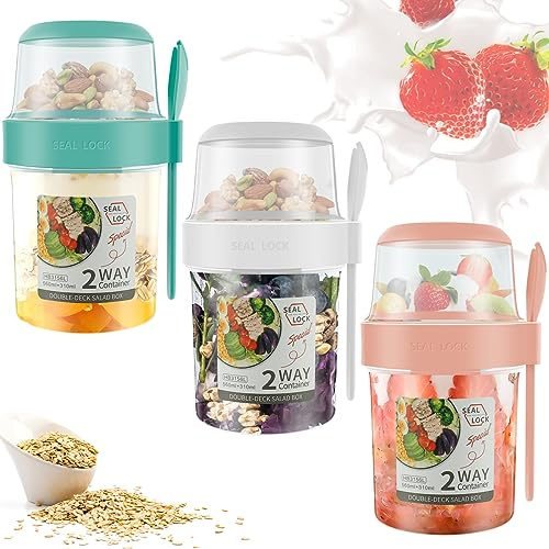 Alongen 3 Pack Reusable Overnight Oats Container, Leak-Proof Breakfast Salad Cups with Lid and Spoon Multipurpose Salad Container Cereal On The Go Overnight Oats Jars Oatmeal Container Yogurt Pot