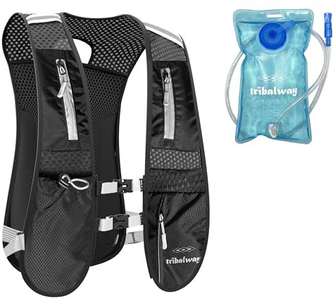 Tribalway Running Vest with Water Bladder 1.5L - Lightweight Hydration Vest for Men Women - Breathable & Reflective Running Backpack with Phone Holder & Water Bottle Holder for Cycling, Hiking - Black