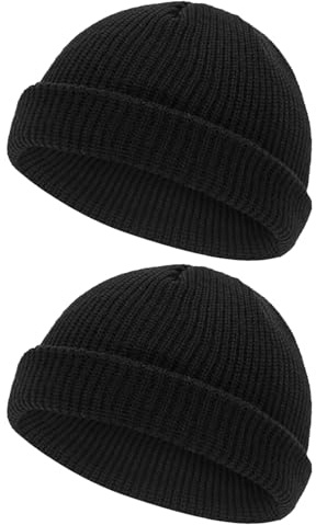 FUIPVGI 2 Pcs Beanie Hat Men, Winter Beanie Hat, Unisex Retro Trawler Baseball Cap, Fisherman Beanie, Knitted Cuffed Skullcap,Roll up Edge Beanie Winter Hats (UK, Alpha, One Size, Black)