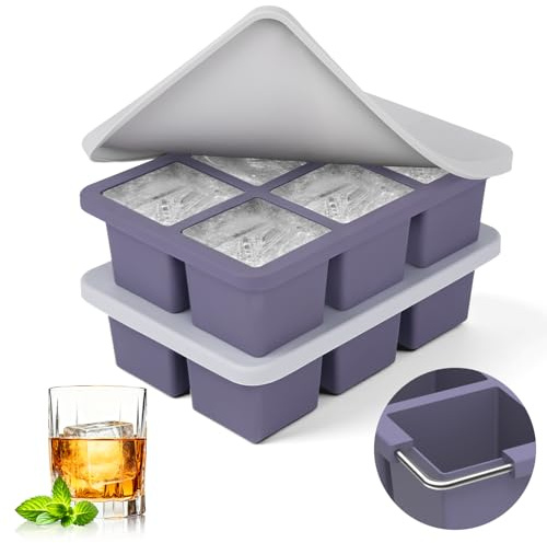 mossime Silicone Ice Cube Tray: 2pack Square Whiskey Large Ice Cube Molds - Old Fashioned Ice Cube Trays with Lid - 2inch Easy Release Big Freezer Mold for Cocktail Food Soup & Juice
