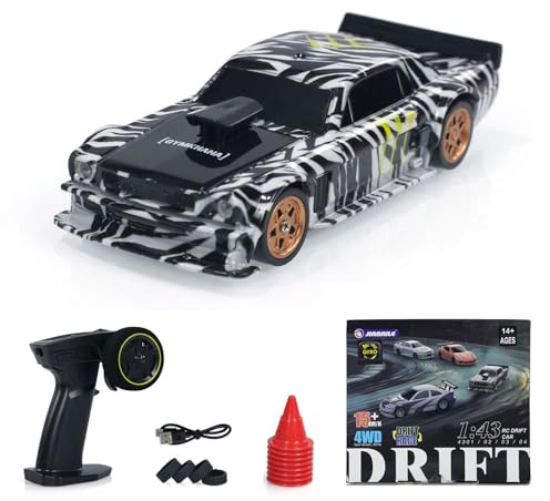 wheelfun 1/43 RC Rennwagen 4WD Mini, ferngesteuert mit LED und Kreisel | RTR Fertigmodell; Hochgeschwindigkeitsfahrzeug; Maßstab 1:43; Allradantrieb; für Hobby und Spiel