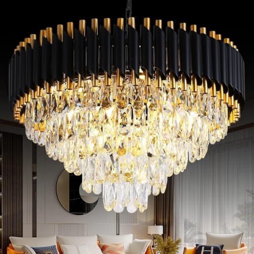 MSSIAN Kronleuchter Modern Schwarz Gold | Großer Kristall Kronleuchter 60cm 12-flammig | K9 Kronleuchter Kristall Deckenleuchte für Esszimmer Wohnzimmer | Dimmbar E14