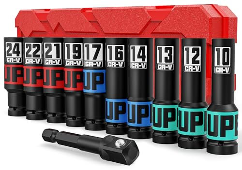 Aurlloct Lot De 11 Douilles à Choc Profondes 1/2, 10-24mm Métrique Clé Jeu de Douille à Impact, Avec Adaptateur de Douille 1/4 à 1/2, Automobile et Le Remplacement des Pneus