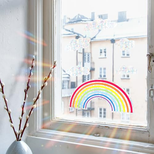 Regnbåge fönsterbilder vita moln regnbåge solfångare klistermärken fågelskydd för glasskivor regnbåge klistermärken prisma fönsterklistermärken solfångare klistermärken färgglada fönsterklistermärken