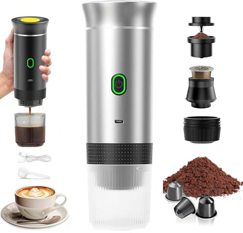 PZCC Macchina da caffè portatile da viaggio, a riscaldamento rapido, 3 in 1, caffettiera portatile 12 V, compatibile con capsule grandi, piccole e caffè macinato (argento)