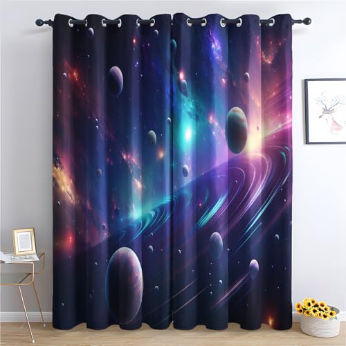 Luxfieo Weltraum Vorhänge Sonnensystem Planeten Vorhang Blickdicht Gardinen 166 cm Hoch Verdunklungsvorhänge mit Ösen Thermovorhang für Wohnzimmer Schlafzimmer Kinderzimmer Fenster Deko 2er Set W#468