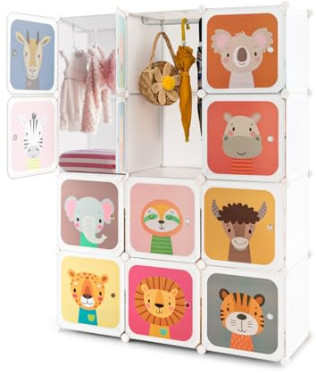 RELAX4LIFE Armadio Modulare a 8/12 Cubi per Bambini con 2 Barre Appendiabiti, 8/12 Ante, Mobile Salvaspazio per Cameretta e Asilo Nido, Portata di Ogni Cubo 10 KG (Animale-12 Cubi,Bianco)
