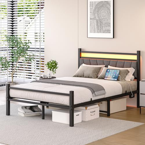 FOUBAM Polsterbett Bettrahmen 120x200cm mit Ladestation, Schwarz | Metallbett mit LED-Beleuchtung, Robustes Metallbett mit Kopfteil,Modern Bett Gästebett Jugendbett Bettgestell