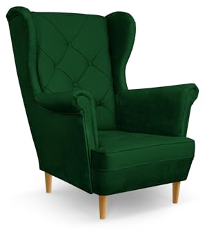 COMFORTINO FURNITURE Ohrensessel Sessel Bello - Sessel mit Armlehnen - Retro Stuhl aus Stoff mit Holz Füßen - Polsterstuhl für Wohnzimmer Armlehnensessel Relaxsessel Loungesessel (Grün)