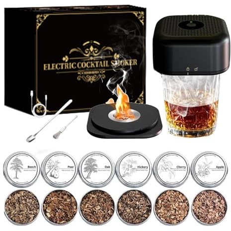 Electric Cocktail Smoker Kit, Flame Free Rechargeable Whiskey Smoker with 6 Flavors Wood Chips Cocktail Accessories for Drinks and Bourbon Gifts For Men, Dad