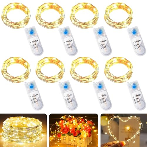 8 Stück LED Batterie Lichterketten mit Timer, 2M 20er LEDs Batterie Kupfer Drahtlichterkette, Wasserdicht String Fairy Light Kupfer Drahtlichterkette für Party, Christmas Dekor, Flasche DIY, Warmweiß
