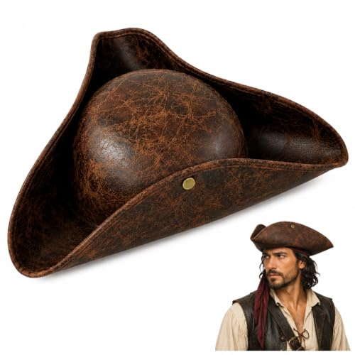 PCIQUTE Distressed Leather Pirate Hat Tricorn Colonial Style Fancy Dress Costume Hat for Adults Men Women Halloween Cosplay Renaissance Party Accessories