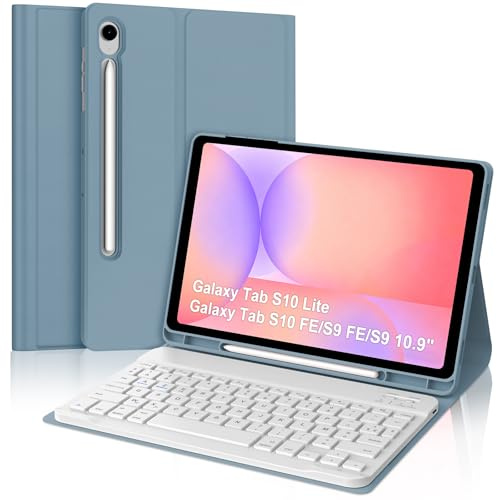 IVEOPPE Coque Clavier pour Samsung Galaxy Tab S10 Lite/S10 FE/S9 FE 10.9/S9 11, Housse Étui Keyboard Bluetooth AZERTY Layout avec Porte Crayon, Bleu Gris