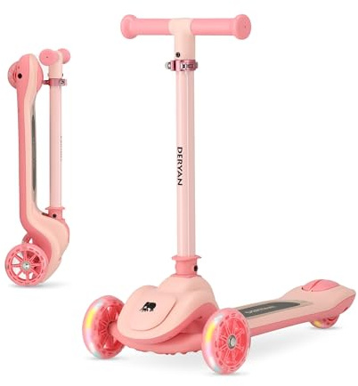 Deryan Harvey Barnvagn – 3-hjuls sparkcykel – justerbar i höjd – LED-hjul – från 3 år – upp till 50 kg – vikbar – grå (rosa)