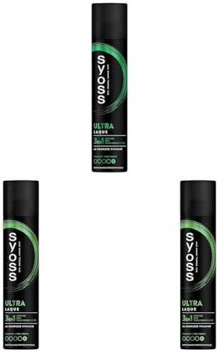 SYOSS, Laque, Tenue Ultra, 3en1, Coiffage, Soin, Tenue longue durée, Formule au complexe vitaminé, Provitamine B5, Niacinamide, Fixation très forte, Performance Professionnelle, 300ml (Lot de 3)