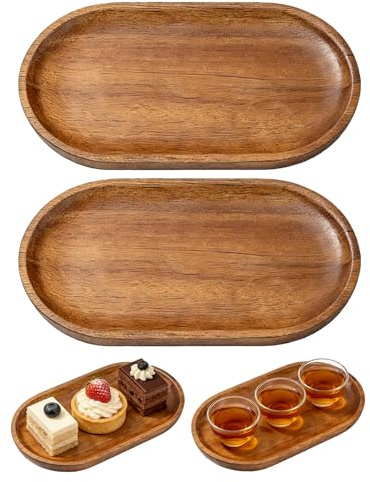 JININOSEU 2 Stück Ovale Holz Serviertablett, Mini Holztablett Deko Serviertablett Klein, Holzteller Akazienholz Tablettspender Hölzernes für Brot Desserts Kleinigkeite Arbeitsplatten Organizertablett