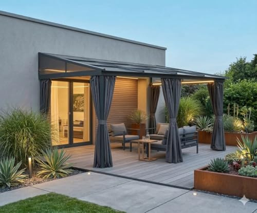 Jet-Line Aluminium Luxus-Pavillon Ralimon 3x4,8 m Anthrazit – Gartenpavillon mit Flexiblem Schiebedach aus Polycarbonat, Wetterfest & Stabil, Pergola Terrassenüberdachung mit UV-Schutz