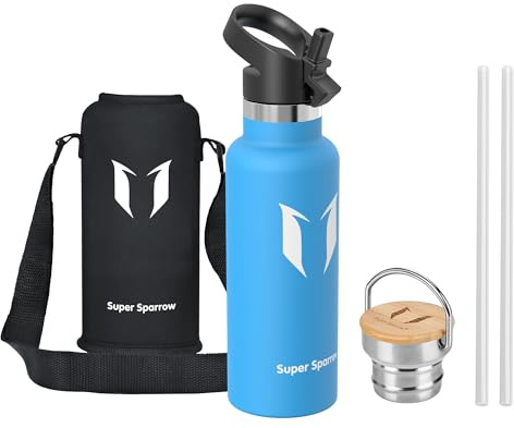 Super Sparrow Vattenflaska Barn - 500ml - Rostfritt Stål Metallflaska - Termos Standard Mun - Giftfri BPA-Fri - Perfekt Som Sportflaska - 2 Lock