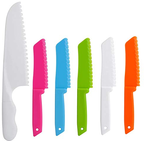 ONUPGO - Juego de cuchillos de cocina (6 piezas, plástico, con bordes de corte serrados, cuchillos de nailon para niños y niños para frutas, pan, tartas, lechugas y ensalada)