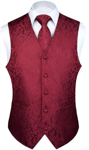 Enlision Gilet Uomo vino rosso Elegante Nozze Paisley Panciotto Jacquard Gilet da Abito Cravatta e Fazzoletto Set per Festa Sposa XL