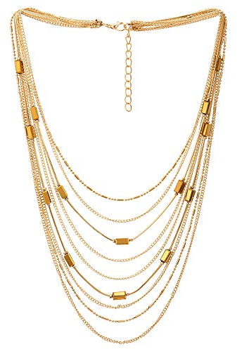 COOLSTEELANDBEYOND Gold Statement Choker Kragen Halsband Halskette Wasserfall Multi-Schichten Kette mit Rechteck Kristall Perlen Charme