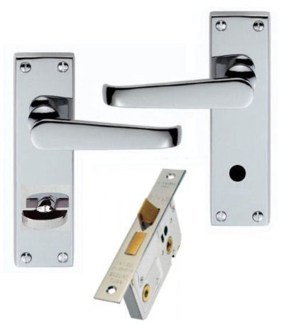 Golden Grace Victorian Bathroom Handles & 64mm Lock, Bathroom Set | Includes spindle and screws for quick installation, featuring a polished chrome finish on durable metal handles.