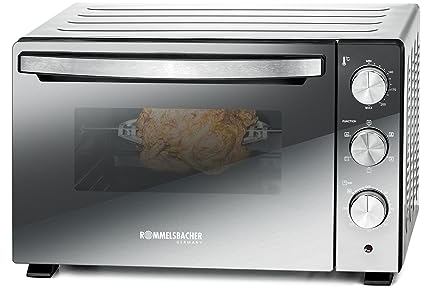 ROMMELSBACHER Back & Grill Ofen BGS 1500 - energiesparend & effizient, Backraum antihaftbeschichtet, 6 Heizarten, Drehspieß, 120 Min. Zeitschaltuhr, Doppelverglasung, silber, 1500 W, Edelstahl