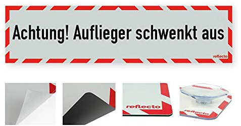 reflecto Hinweisschild „Achtung! Auflieger schwenkt aus“ in rot-weiß und reflektierend (RA1/A) - verschiedene Ausführungen – 800 x 200 mm (selbstklebend)