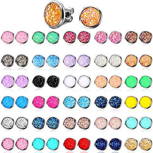 32 Paia di Orecchini a Lobo Druzy Finto Orecchini a Bottone Rotondi Bohémien Orecchini Forati in Acciaio Inossidabile Gioielli per Donne Ragazze (8 mm)