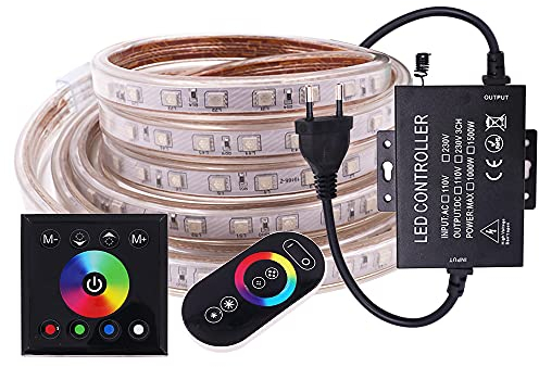 XUNATA LED Streifen Lichtband Licht Schlauch, 220V 5050 RGB 60LEDs/m Mehrfarbig LED Strip IP65 Wasserdicht mit Volle Berührung Fernbedienung für Hausbeleuchtung Dekoration Bar (20M)