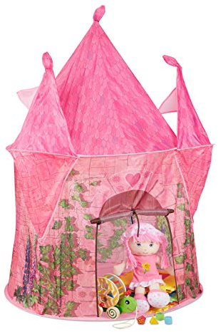 Relaxdays Spielzelt Mädchen, Kinderspielzelt Prinzessin Schloss, Spielhöhle drinnen & draußen, HBT: 142x102x102 cm, rosa