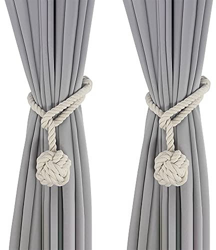 Gohytal Raffhalter für Vorhänge, 2 Stück Vorhang Raffhalter Weiß, Gardinenhalter, Raffhalter für Vorhänge, Vorhang Seil Raffhalter Baumwoll Handstrick Vorhanghalter Clips für Schlafzimmer, Büro Deko