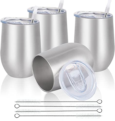 Joymaking 4 stycken vinkoppar rostfritt stål, stämplade vinkoppar med lock, dubbelväggiga unbreakable resemugg för mjölk, kaffe, vin, öl, champagne, cocktails, silver