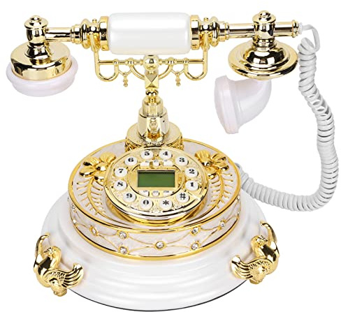 Jenngaoo Vintage Telephone, MS‑811 Classic European Landline Telephone Digital Retro Antique Telephone with Electronic Calendar for Home Office Cafe Bar Decoration (White + Gold)