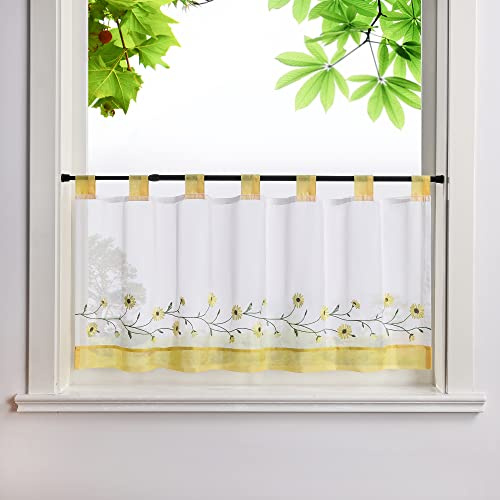 HeichkelL Bestickte Scheibengardine, Voile Kurzstores, Gelb BxH 90x60 cm | Kurzvorhang mit Schlaufen, Pastorale Küchengardinen, Landhausstil Bistrogardine