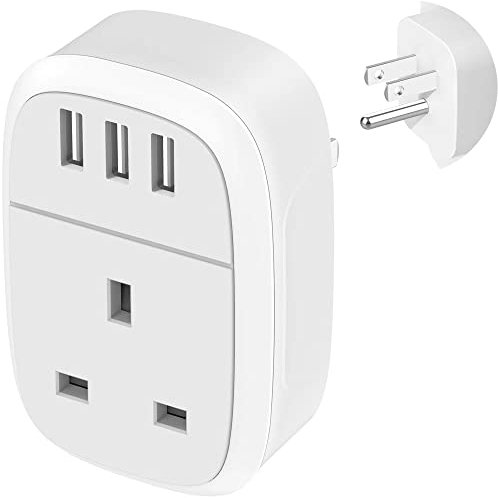 UK to US Adaptor Plug, USA Travel Adapter with 3 USB Ports, American Thailand Mexico Colombia Grounded Charger, Iroussa 4 in 1 Plug Adapter from UK to USA for iPhone, iPad, Android, Samsung (Type B)