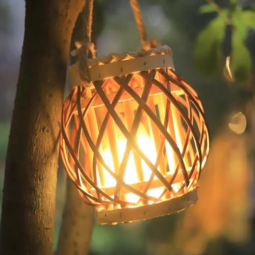 Handgewebte Rattan Laterne Licht mit elektronischer Kerze Portable Tischlampe Hängelampe Stimmungslicht Nachtlicht Dekorative Garten Hängelampe Für Schlafzimmer, Hof