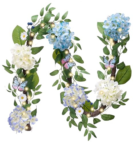 Valery Madelyn 6FT Spring Summer Flower Garland with Lights for Mantle,Blue White Hydrangeas Floral Garland with Eucalyptus Leaves Butterfly for Home Table Centrepiece Stairs Wedding Party Decorations