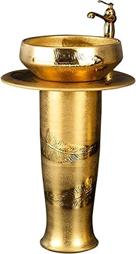 Kunst-Badezimmerwaschbecken mit vollem Sockel, Standwaschbecken, modernes Keramik-Badezimmerwaschbecken, Goldener zylindrischer Sockel (Gold ohne Spiegel)