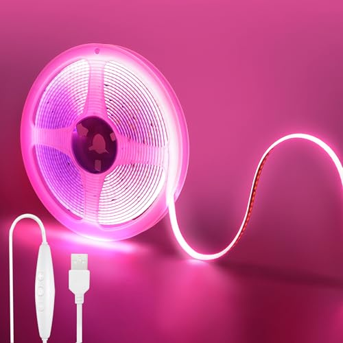Clearhill 5V USB COB LED‑remsbelysning med dimbar brytare, 16,4 FT/5 m, rosa, 320 LED/M, 8 mm bredd, inte vattentät, 1,5 m USB‑kabel, för gör‑det‑själv heminredning