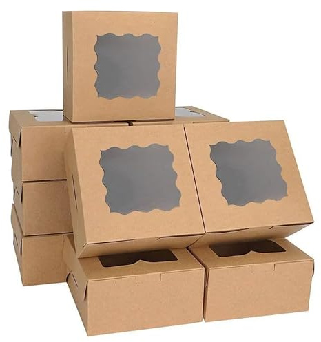 YankMooM 15 STÜCK Kraft Kuchenboxen mit Fenster, 15,2 x 15,2 x 6,4 cm, braune Bäckereiboxen mit Display, Papp-Keksboxen für Kuchen, Erdbeeren, Donuts, Muffins, Makronen