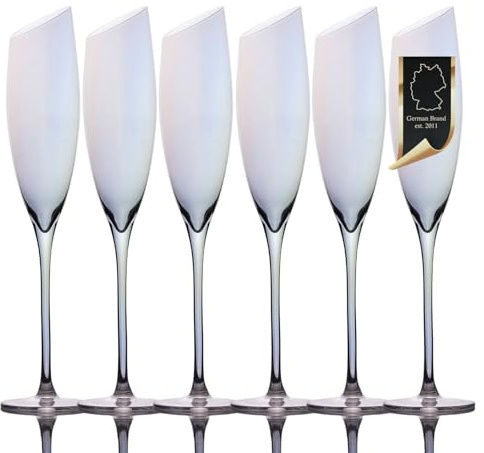 INTIRILIFE 6x Champagner Glas mit moderner Kante und Regenbogen Schimmer - 150 ml Füllmenge - Sekt Prosecco Glas Spülmaschinenfest Kristallglas stoßfest