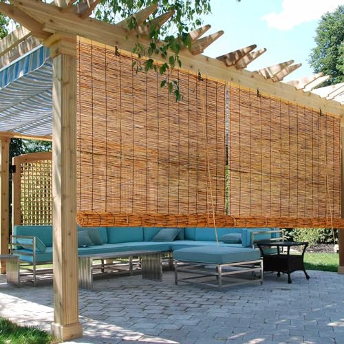 Bamboo Outdoor Roller Waterproof Roman Blinds 50-180cm Wide for Kitchen, Patio, Garden - Easy to Install