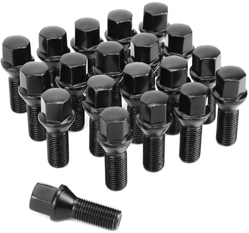 QWORK® 20 pezzi M14x1.5, bulloni delle ruote, diametro 28mm,cono conico a 60°, compatibile con Audi BMW, Peugeot, Benz, Citroen, nero