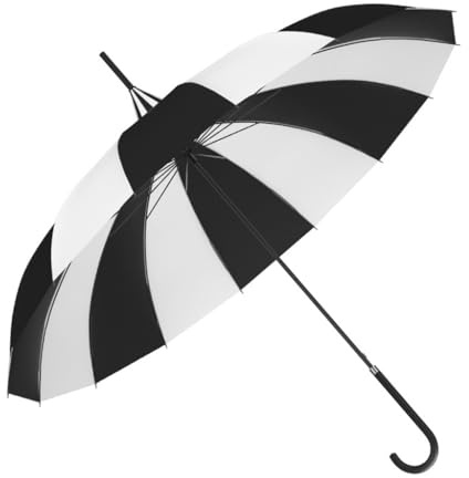 Regenschirm mit langem Griff, groß, stilvolle Streifen-Designs, 16 Rippen, Schwarz / Weiß