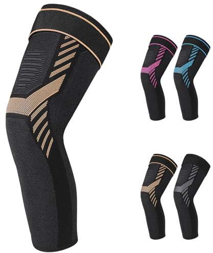 Bcautay Rodilleras largas comprimidas con vendaje de ajustable, rodillera para hombre y mujer, para levantamiento de pesas, baloncesto, desgarro de menisco, artritis (dorado, M)