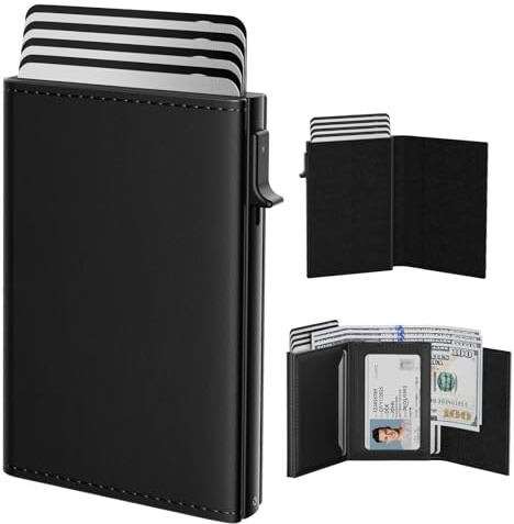 typecase Mens Wallet Card Holder: Pop Up Aluminum Case, Genuine Leather, Smart, RFID Blocking, Slim, Minimalist, Front Pocket - 9-14 Card Capacity | ID Window | Cash Slot (Deep Black)