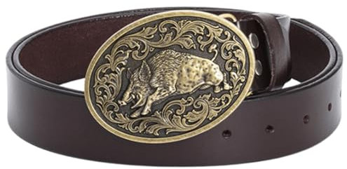 AGUTALITHIC Western Ledergürtel Handgefertigter Wildschwein Schwein Sternzeichen Massiv-Messing Metallschnalle Cowboy-Taillengurt Für Männer Frau & Jugend(110cm/43, Brown)