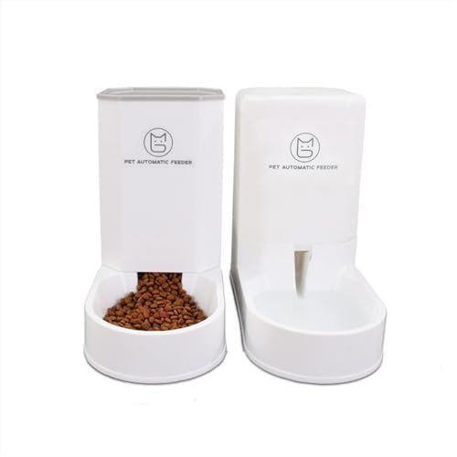UUE Automatischer Futterspender Katze, 2.1kg Futterautomat Katze und 3.8L Wasserspender Hund, Set zur Fütterung für Haustiere, Reisefutterspender Katzen, Futter- und Wasserspender für Haustiere-Weiß